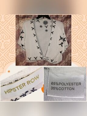 Hipster Row Whit w/Blk Floral Embroidery Woven Shrug/Bolero/Cropped Cardigan Lrg